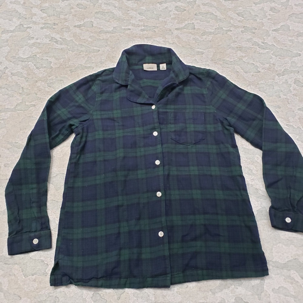 L.L. Bean Pajama Top Womens Small Green Black Watch Plaid Long Sleeve Button